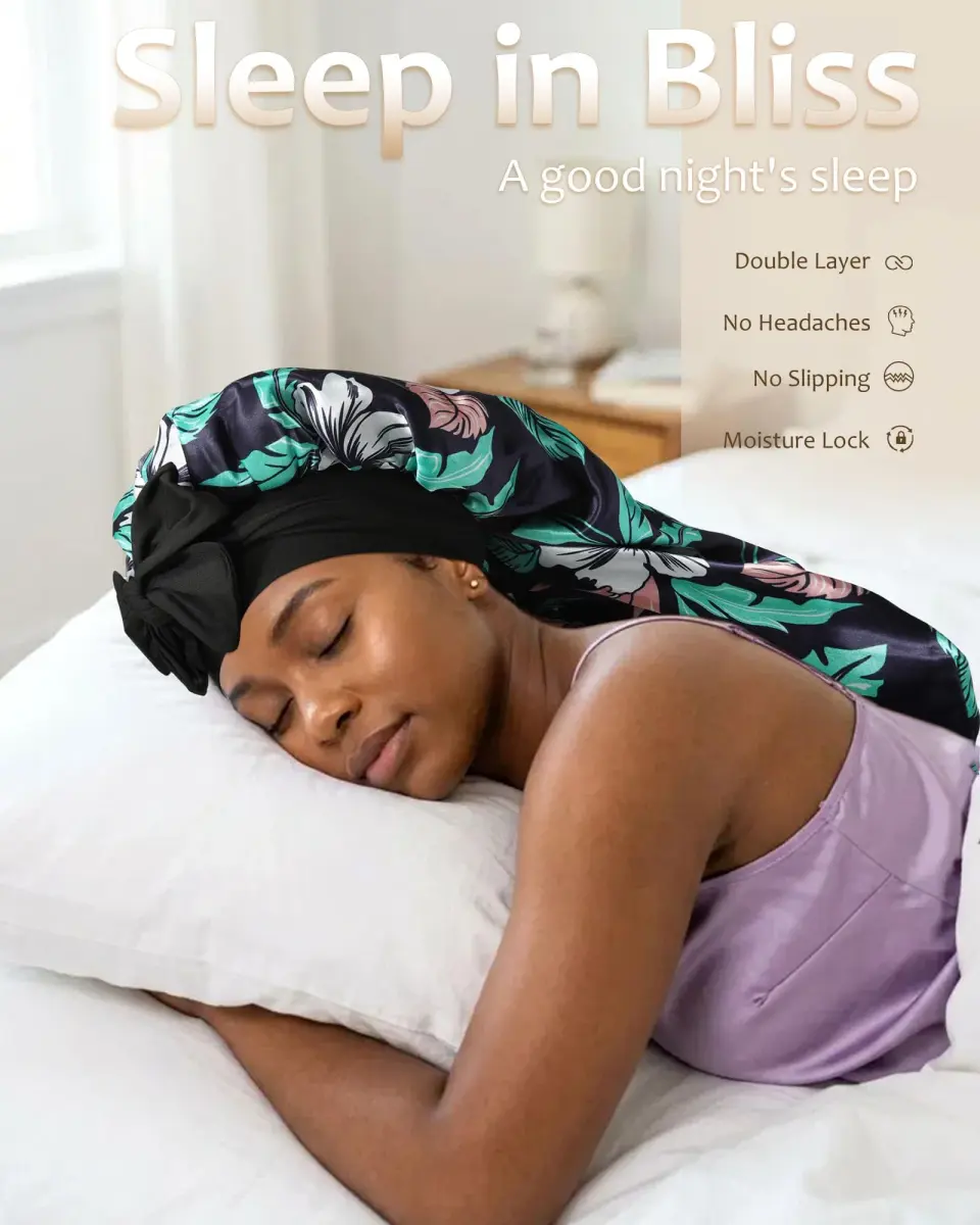 AWAYTR Long Satin Bonnet for Braids - Double Layer Hair Bonnet with Straps, 27in (68cm) | Stays On All Night - view 6
