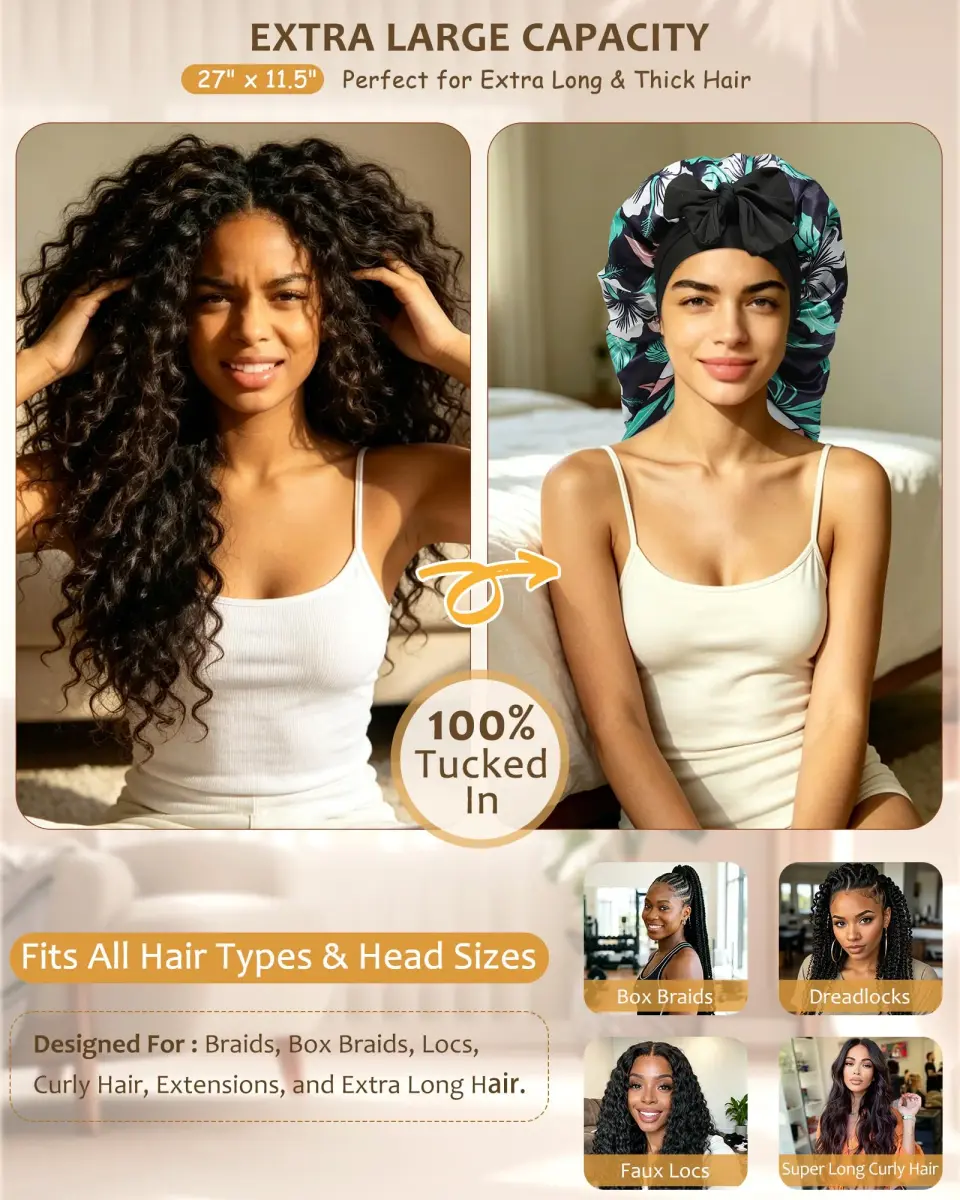 AWAYTR Long Satin Bonnet for Braids - Double Layer Hair Bonnet with Straps, 27in (68cm) | Stays On All Night - view 2