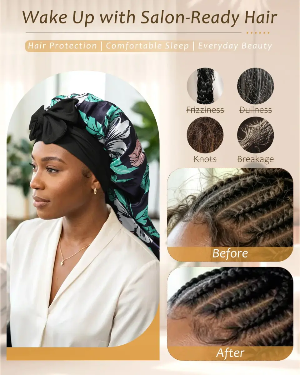 AWAYTR Long Satin Bonnet for Braids - Double Layer Hair Bonnet with Straps, 27in (68cm) | Stays On All Night - view 4
