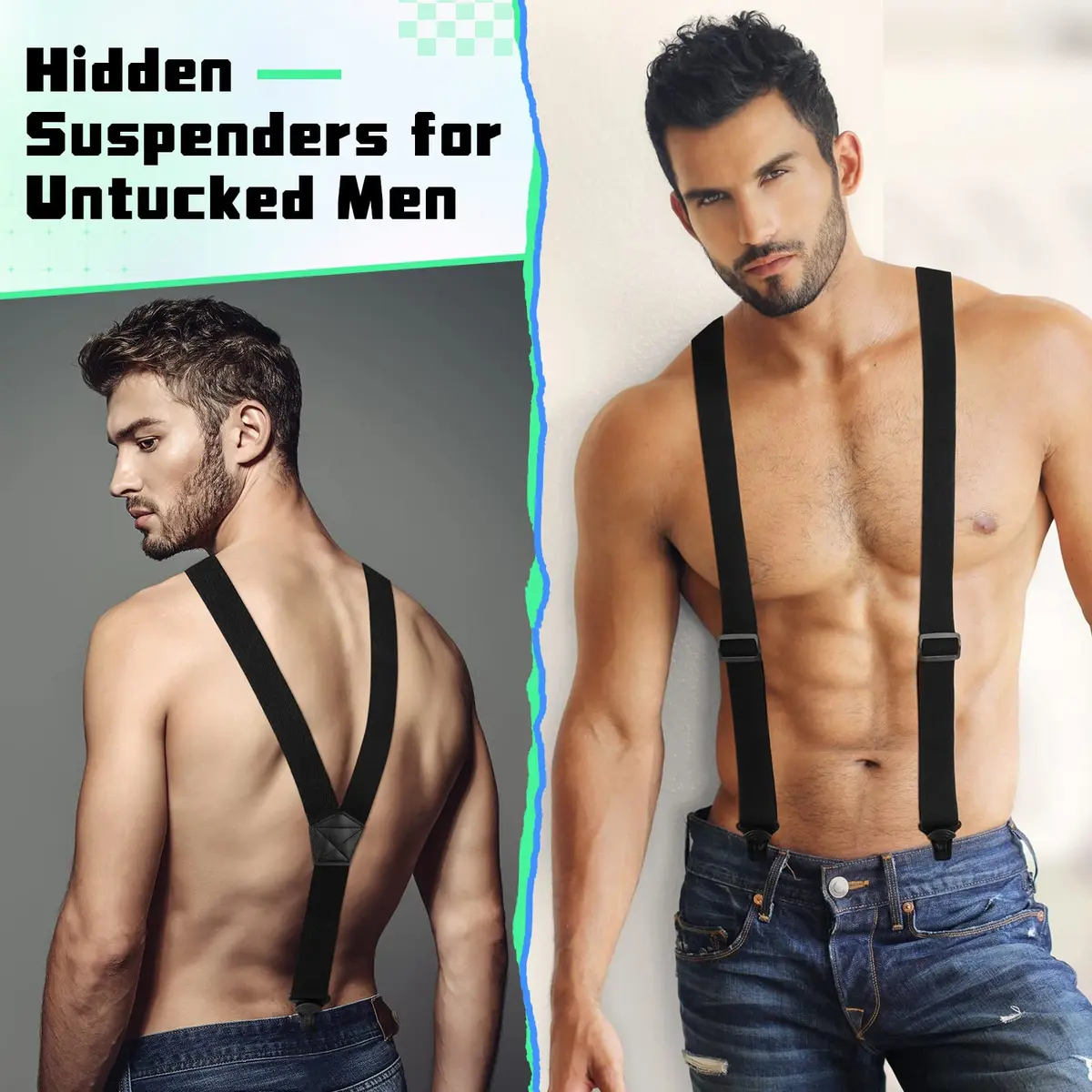 Jiuguva Men Hidden Undershirt Suspender Under Clothing Y 1.5in,Black | Airport Friendly, Heavy Duty, Adjustable - view 2