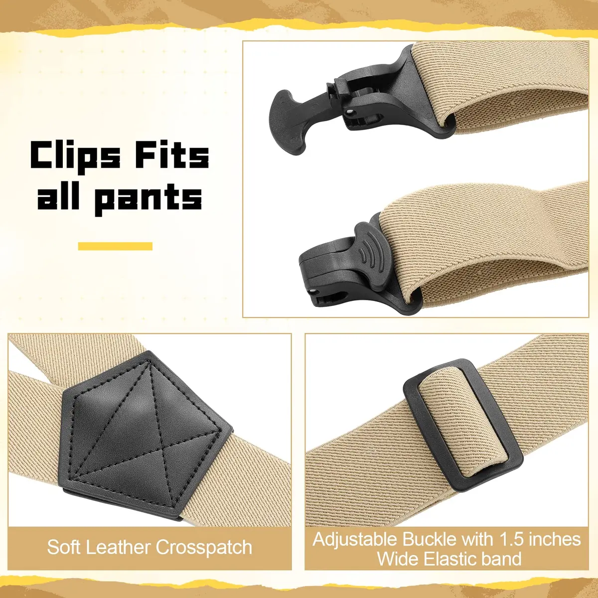 Jiuguva Men's Hidden Undershirt Suspenders Y-Style 1.5in Khaki | Airport Friendly Plastic Clips - view 5