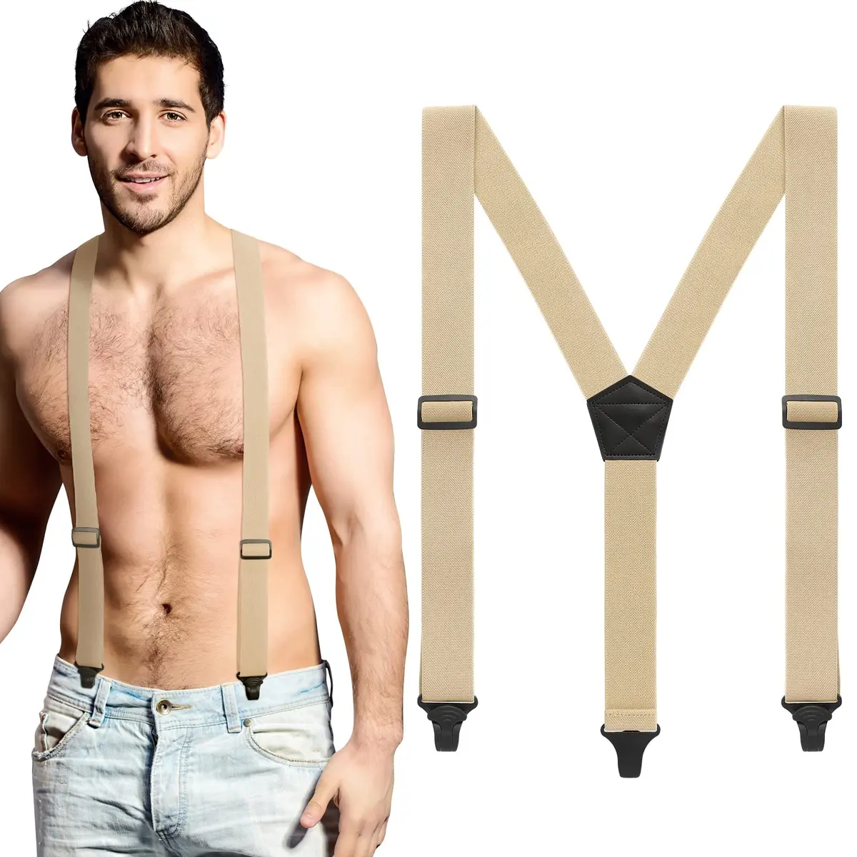 Jiuguva Men's Hidden Undershirt Suspenders Y-Style 1.5in Khaki | Airport Friendly Plastic Clips - main product image