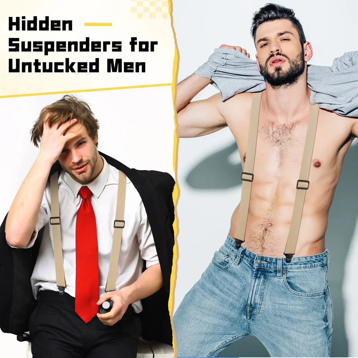 Jiuguva Men's Hidden Undershirt Suspenders Y-Style 1.5in Khaki | Airport Friendly Plastic Clips - view 2
