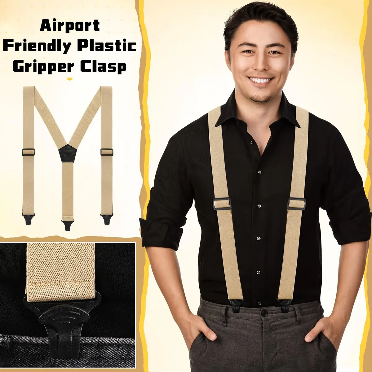 Jiuguva Men's Hidden Undershirt Suspenders Y-Style 1.5in Khaki | Airport Friendly Plastic Clips - view 3