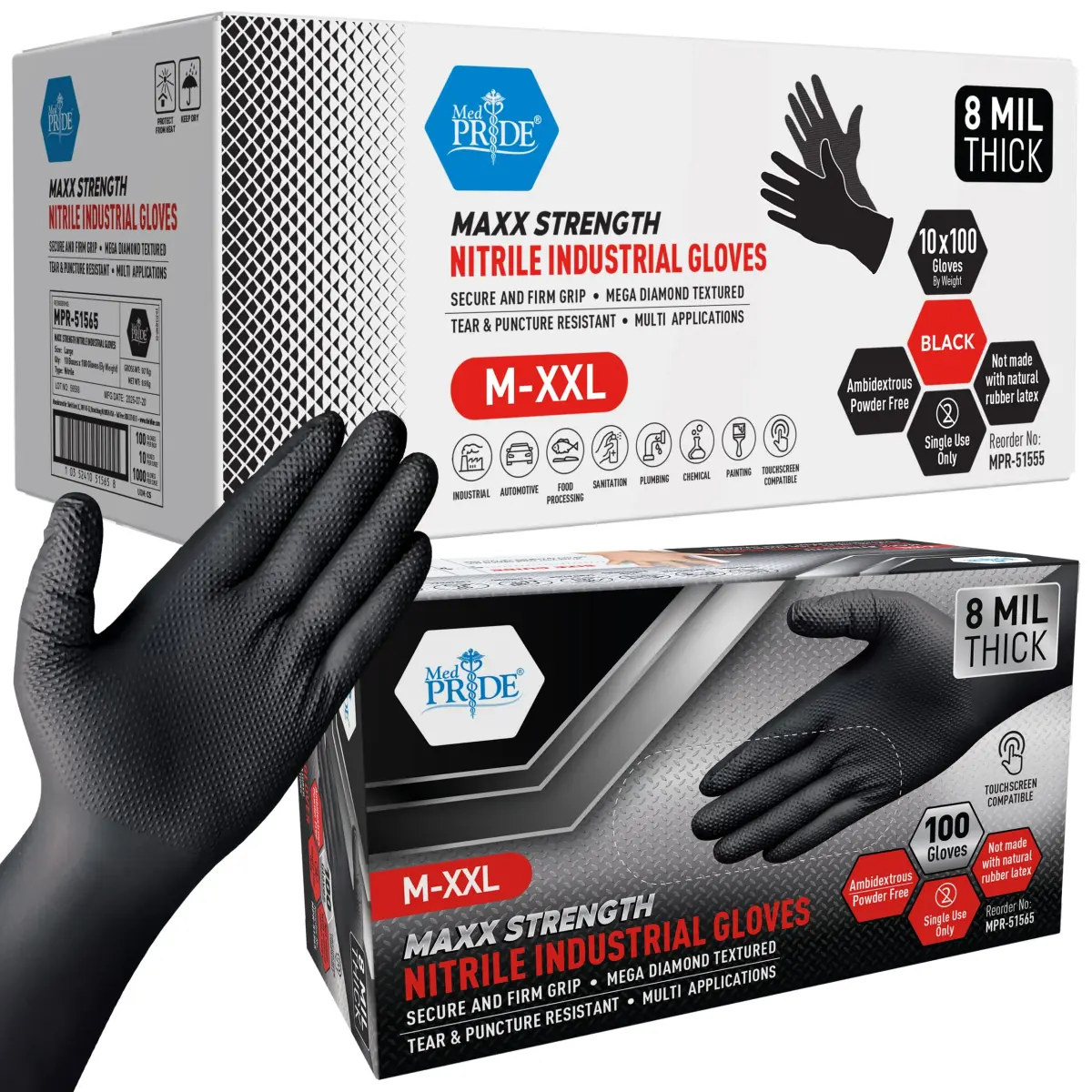 MED PRIDE Industrial Nitrile Gloves 8 Mil (1000 Count) | Heavy-Duty Protection & Grip - main product image