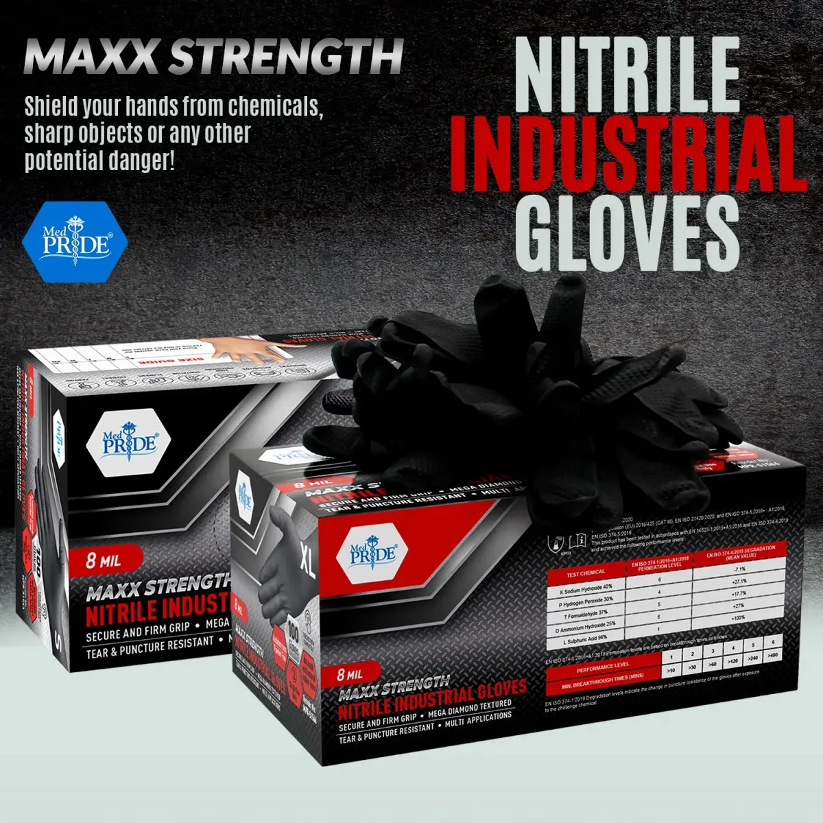 MED PRIDE Black Nitrile Gloves 8 Mil Large (100-Count Box) | Diamond Textured for Superior Grip - view 2