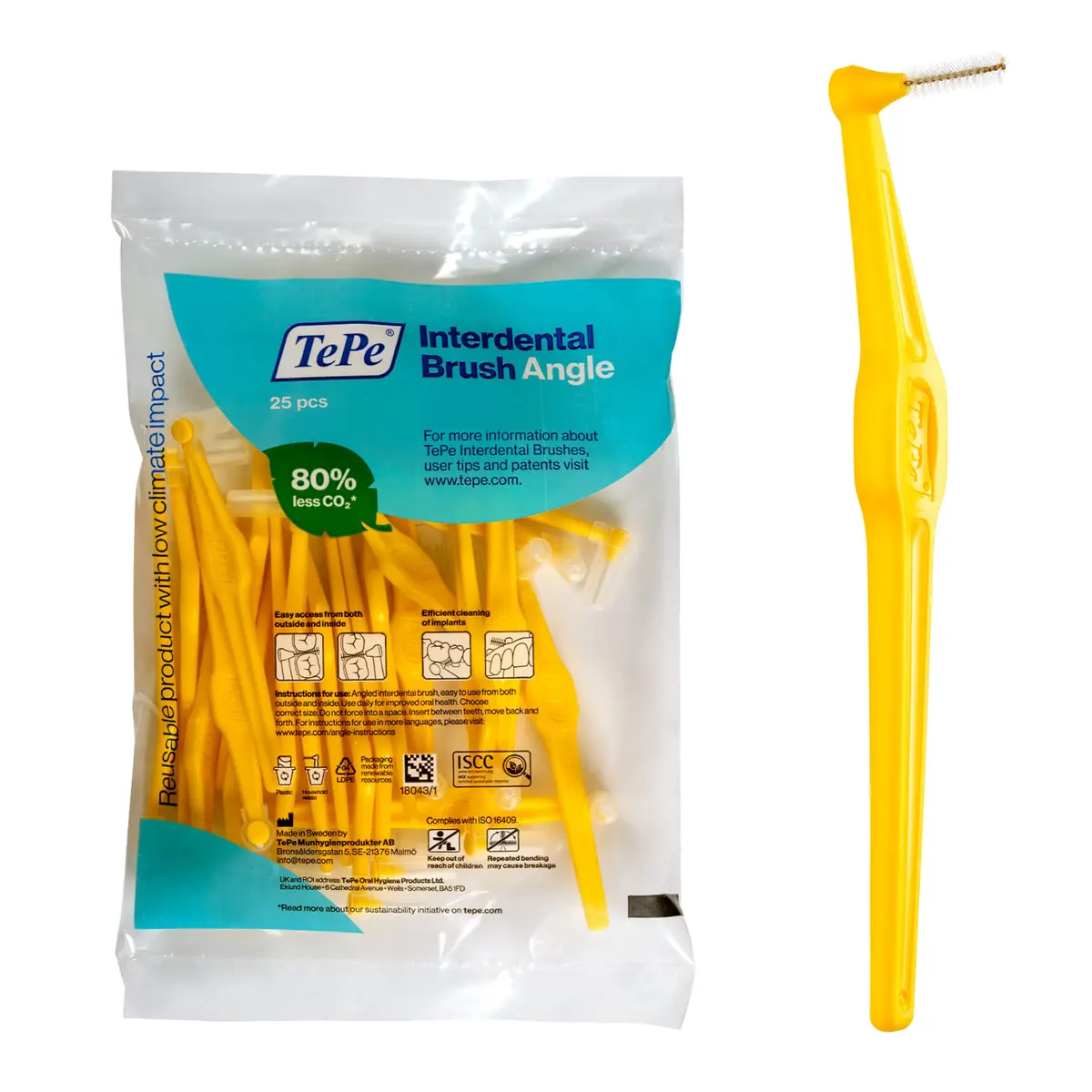 TePe Interdental Brush Angle, 25 Pack, 0.7 mm, Medium Gaps, Yellow, Size 4 | Angled Dental Cleaning Tool - main product image