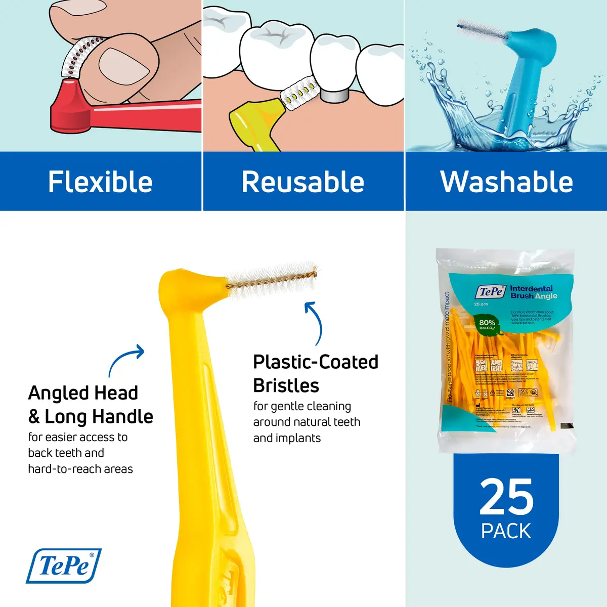 TePe Interdental Brush Angle, 25 Pack, 0.7 mm, Medium Gaps, Yellow, Size 4 | Angled Dental Cleaning Tool - view 5