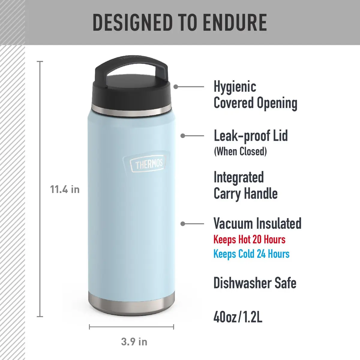 THERMOS ICON SERIES Water Bottle with Screw Top Lid 40oz | Glacier Stainless Steel Vacuum Insulated - view 2