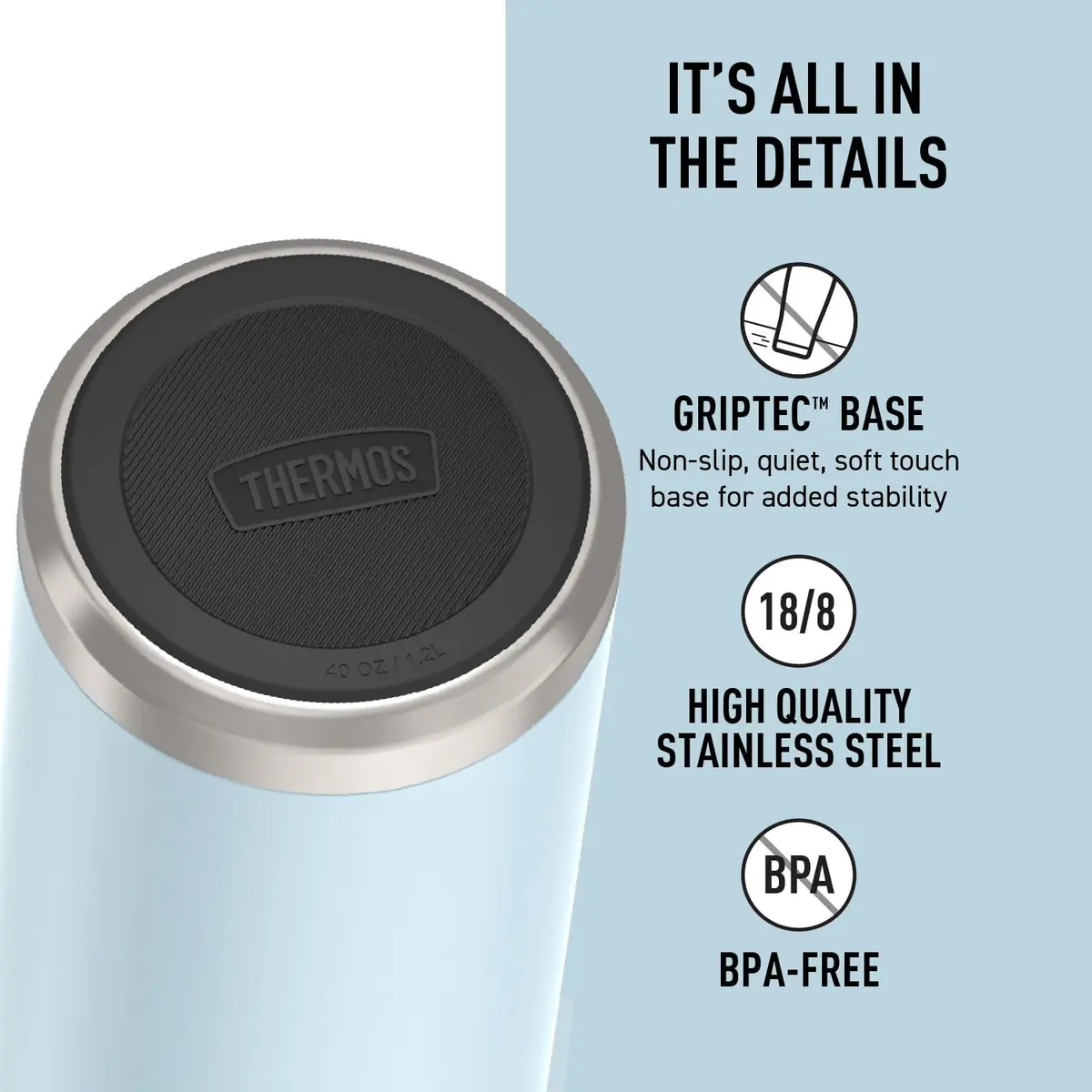 THERMOS ICON SERIES Water Bottle with Screw Top Lid 40oz | Glacier Stainless Steel Vacuum Insulated - view 4