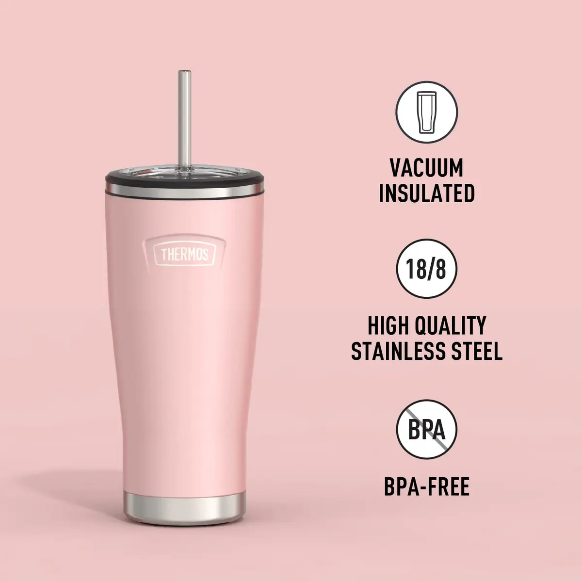 THERMOS ICON SERIES, Stainless Steel Cold Tumbler with Lid and Straw - 24 Ounce, Sunset Pink | Vacuum Insulated Drinkware - view 2