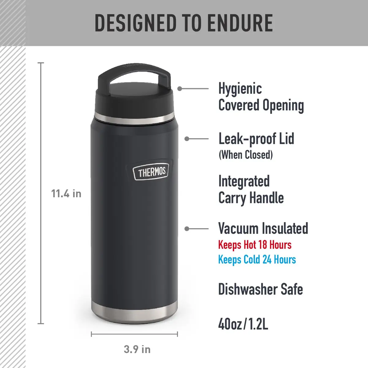 THERMOS ICON SERIES Water Bottle 40oz | Stainless Steel Vacuum Insulated, Granite - view 2