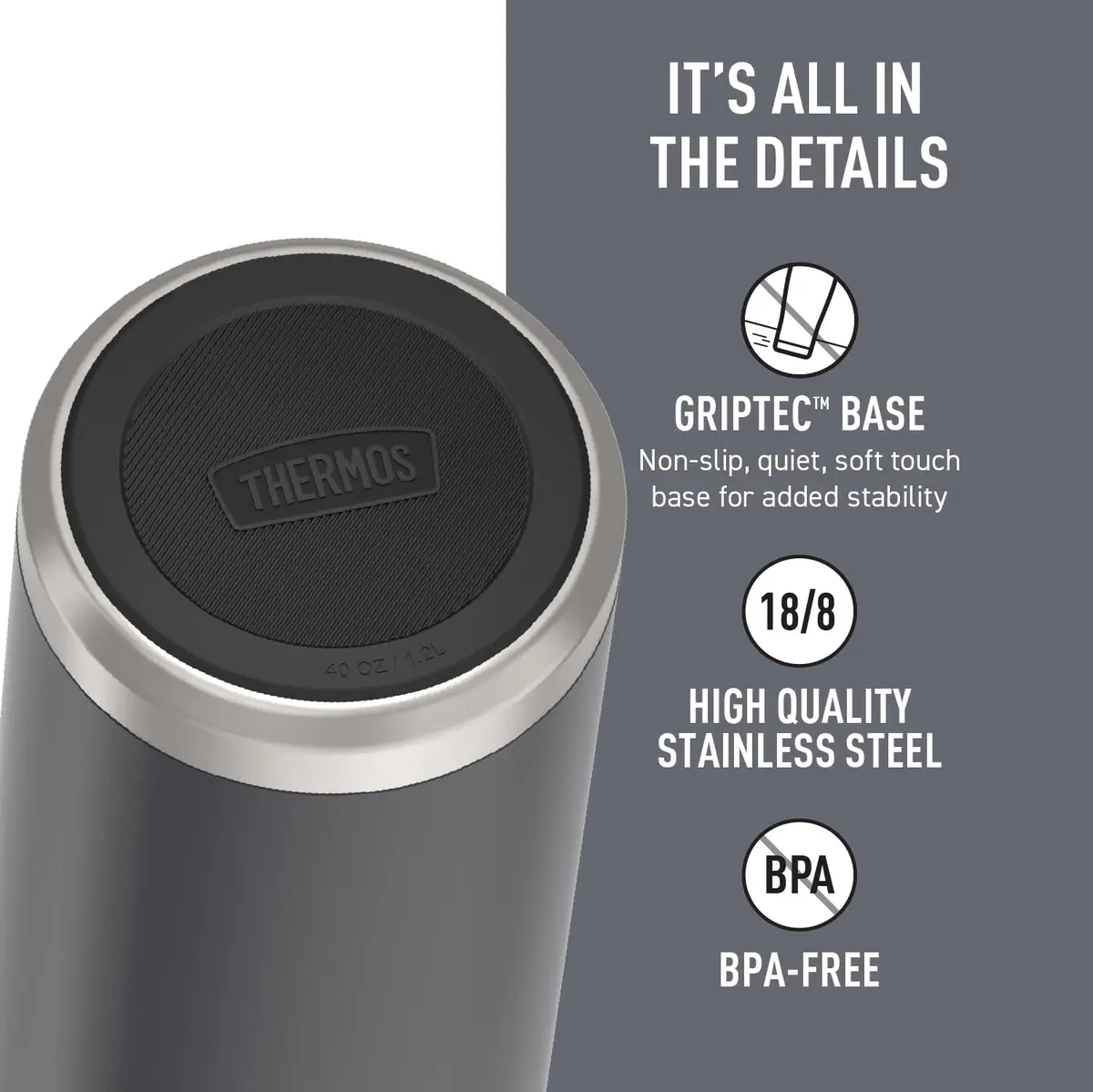 THERMOS ICON SERIES Water Bottle 40oz | Stainless Steel Vacuum Insulated, Granite - view 4