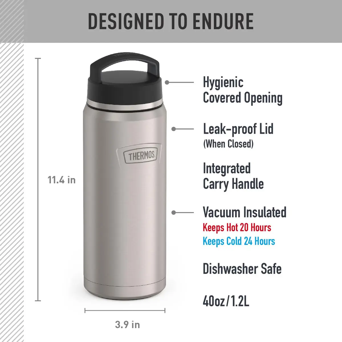 THERMOS ICON SERIES Stainless Steel Water Bottle 1.18 L (40 oz) | Keeps Drinks Hot 18 Hrs, Cold 24 Hrs - view 2
