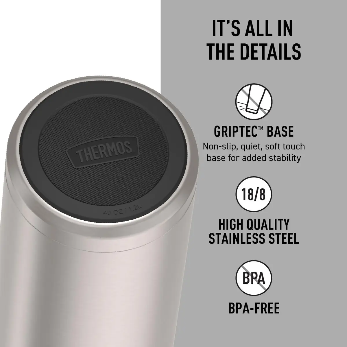 THERMOS ICON SERIES Stainless Steel Water Bottle 1.18 L (40 oz) | Keeps Drinks Hot 18 Hrs, Cold 24 Hrs - view 4