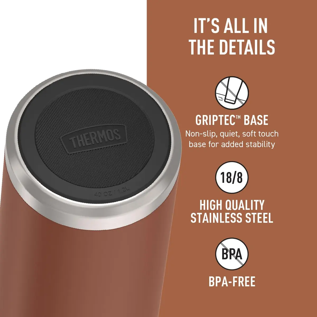 THERMOS ICON SERIES Water Bottle with Screw Top Lid 40oz | Vacuum Insulated Stainless Steel, Saddle - view 4