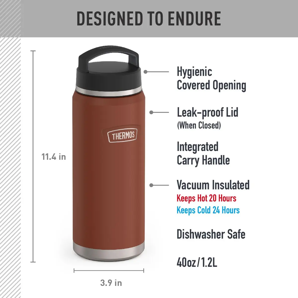 THERMOS ICON SERIES Water Bottle with Screw Top Lid 40oz | Vacuum Insulated Stainless Steel, Saddle - view 2