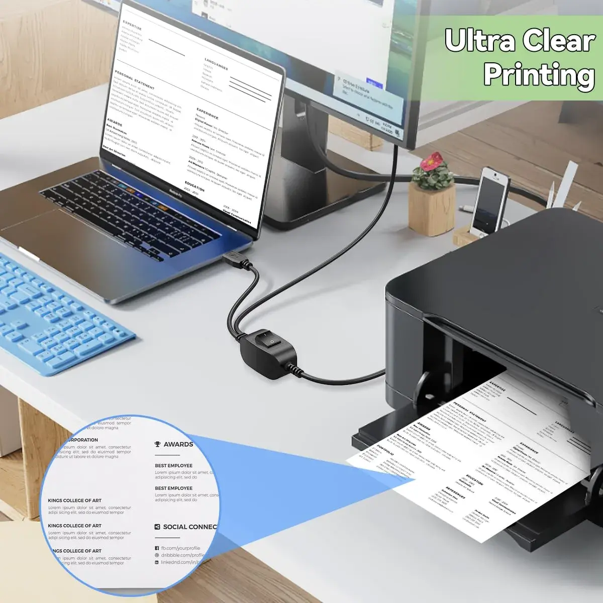 Herfair 5FT USB Printer Splitter Cable | Connect 1 Printer to 2 Computers - view 3