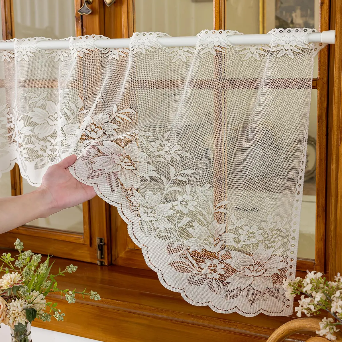 WUBODTI Vintage Sheer Voile Valance Curtains Floral Embroidery Lace Window Valances for Kitchen & Dining (White, 63" W x 24" L) - view 5