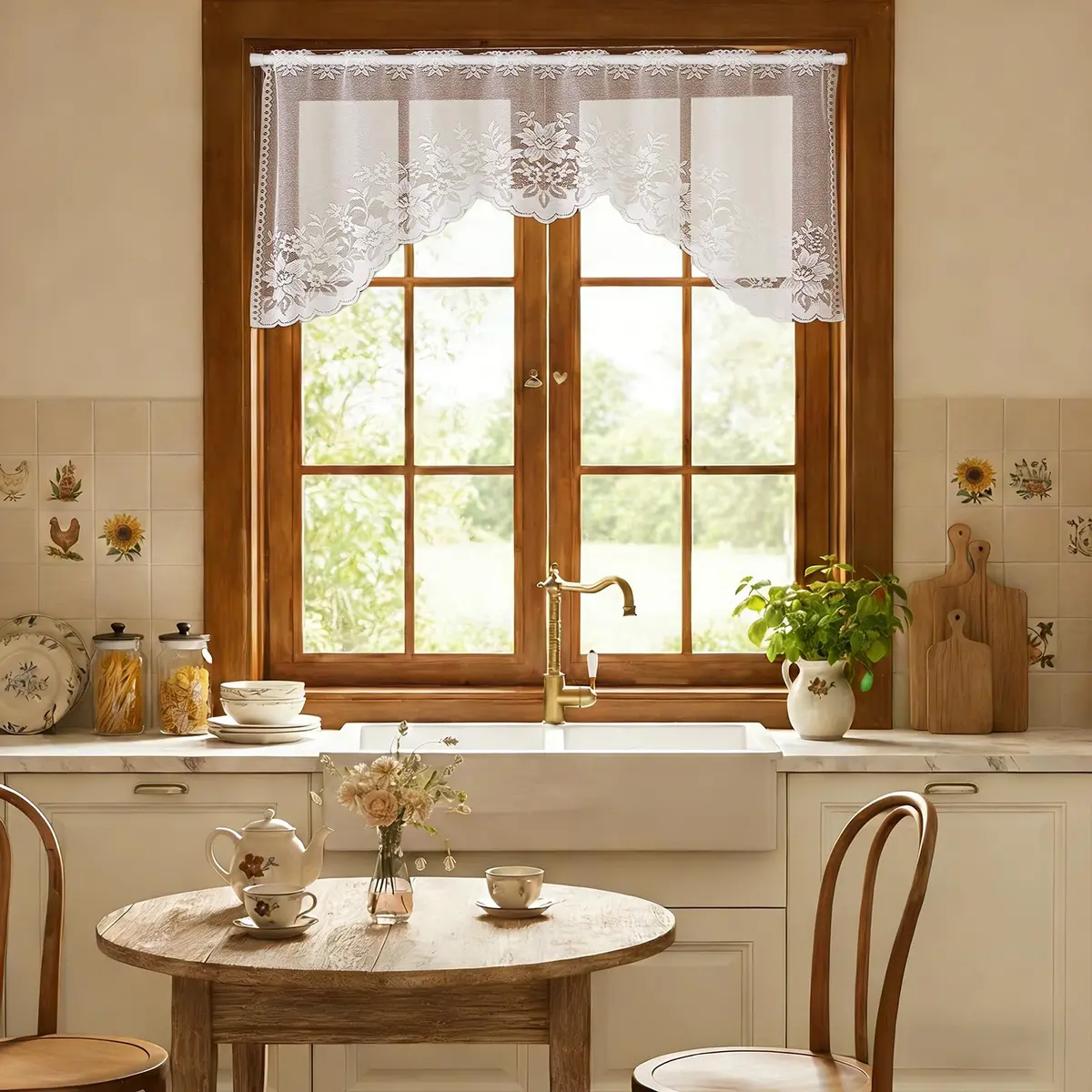 WUBODTI Vintage Sheer Voile Valance Curtains Floral Embroidery Lace Window Valances for Kitchen & Dining (White, 63" W x 24" L) - view 8
