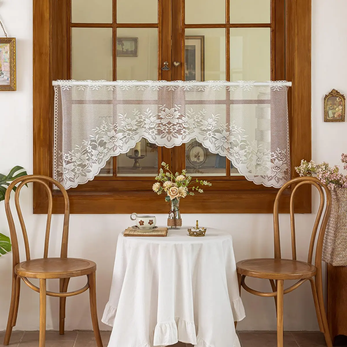 WUBODTI Vintage Sheer Voile Valance Curtains Floral Embroidery Lace Window Valances for Kitchen & Dining (White, 63" W x 24" L) - view 2