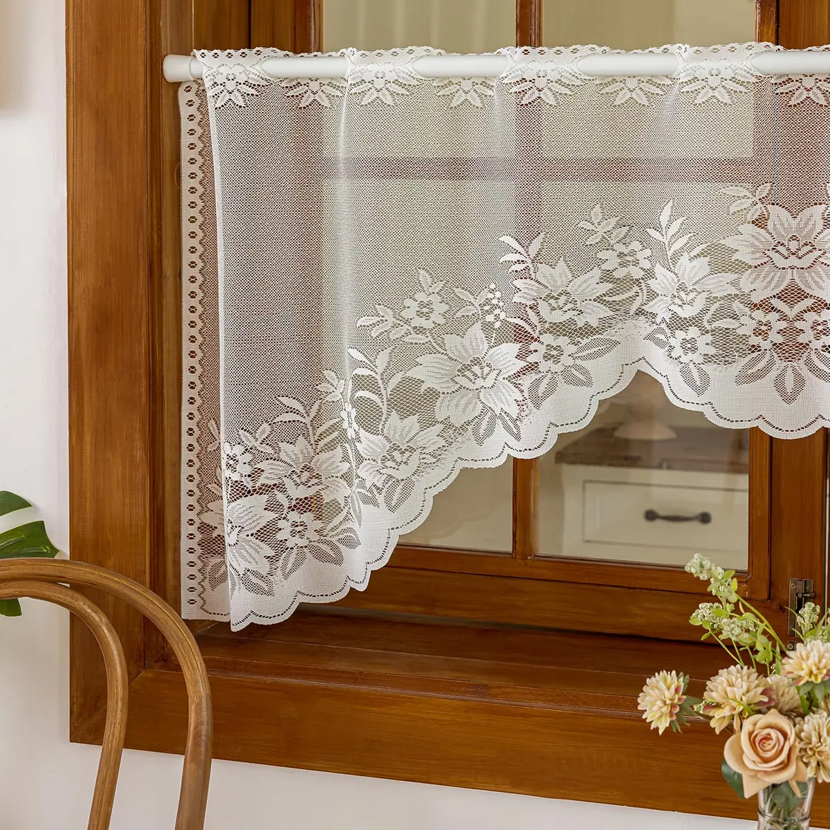 WUBODTI Vintage Sheer Voile Valance Curtains Floral Embroidery Lace Window Valances for Kitchen & Dining (White, 63" W x 24" L) - view 3