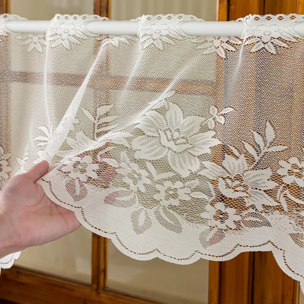 WUBODTI Vintage Sheer Voile Valance Curtains Floral Embroidery Lace Window Valances for Kitchen & Dining (White, 63" W x 24" L) - view 4