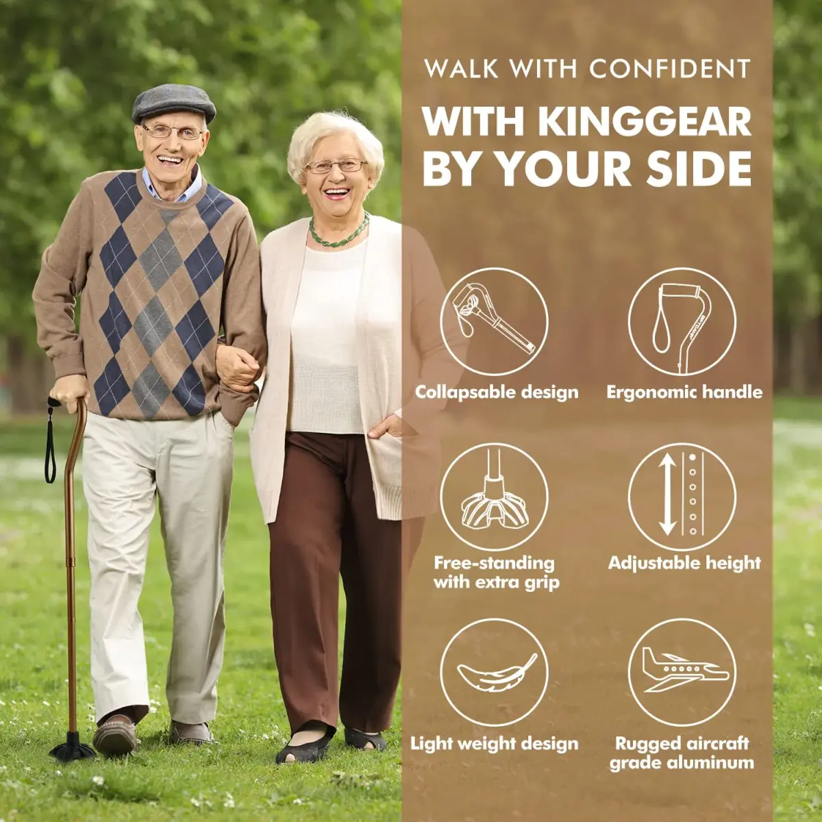 GPTCAMP Quad Base Walking Cane 79-92cm (31-36") | Self-Standing Offset Stick for Seniors - view 2