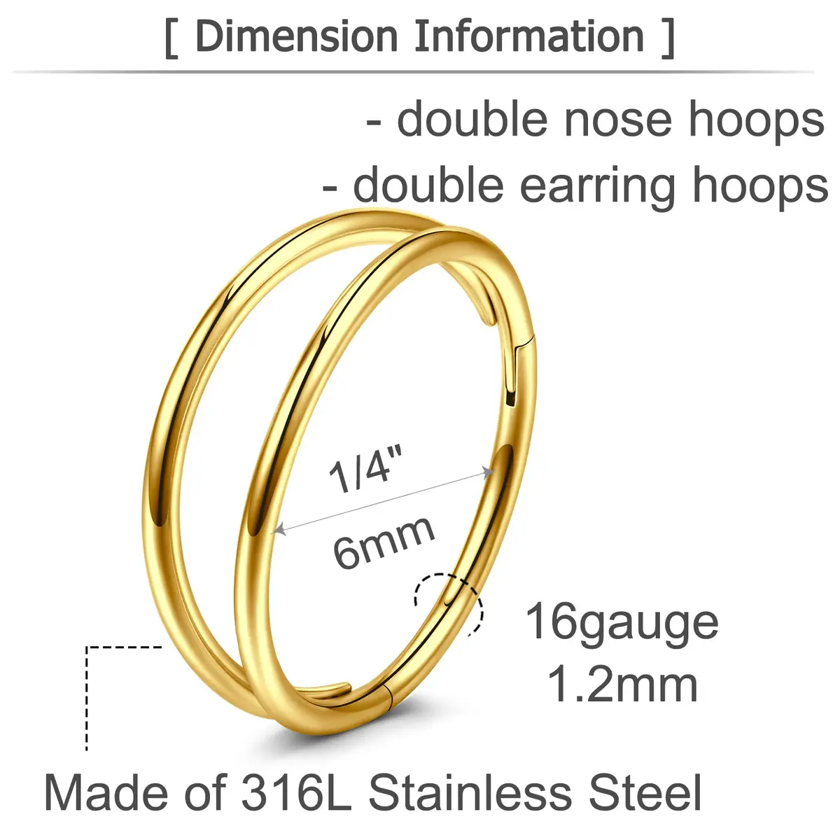 MODRSA Double Hoop Nose Ring - Gold 18g, 8mm Cartilage & Helix Hoops - view 2