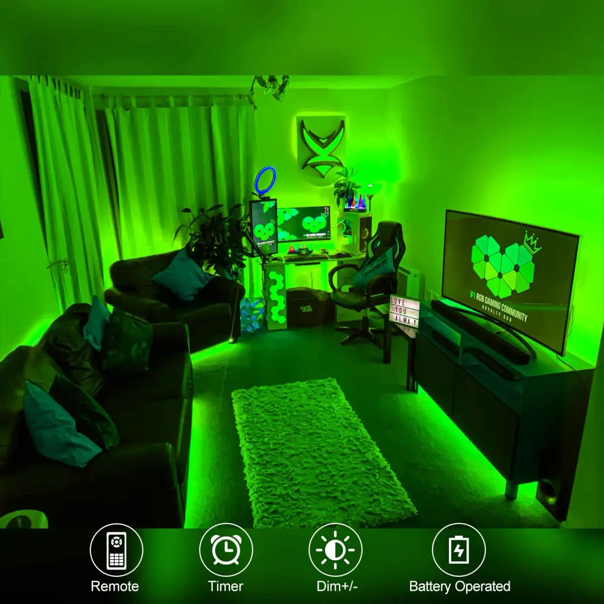 echosari Battery Operated LED Strip Lights Green, 9.8ft (3m) with Remote, 8 Modes, Dimmable, Timer, Self-Adhesive, Cuttable, 90LED - view 3