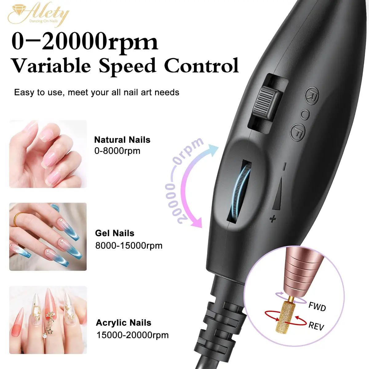 Alety Electric Nail Drill Kit 20000 RPM Gold | Professional Portable Efile Manicure Pedicure Tools with USB Power - view 8