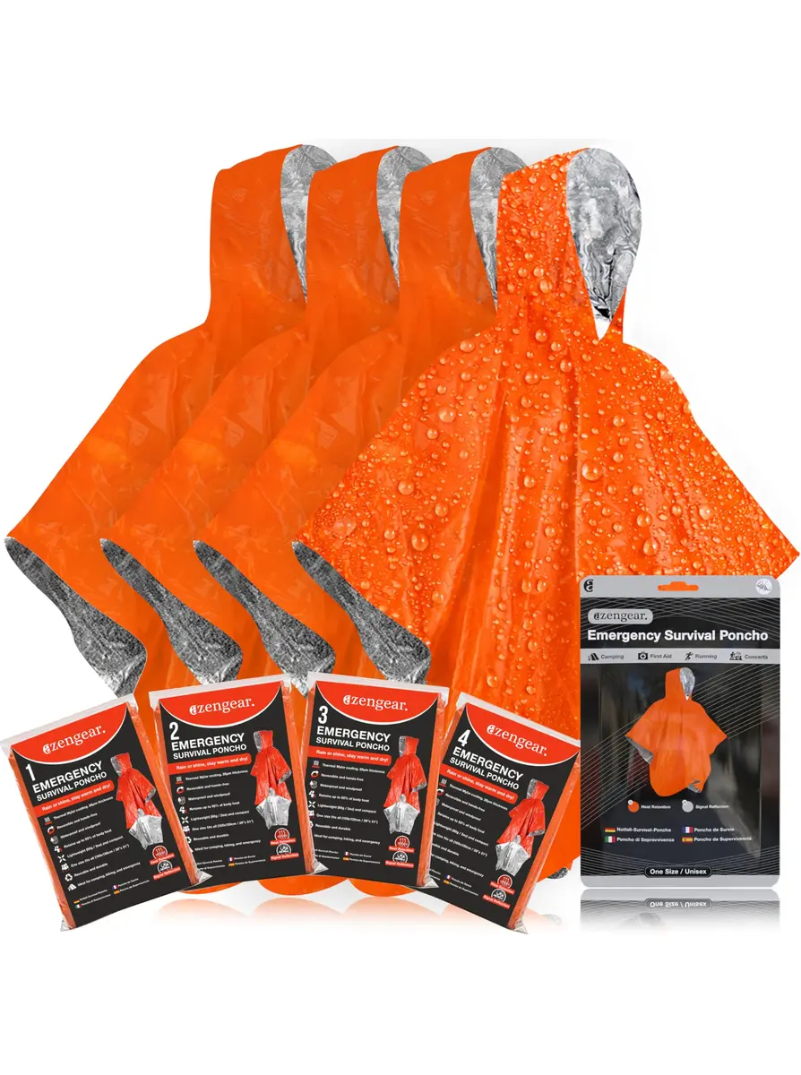 aZengear Emergency Survival Foil Poncho 4 Pack | Reversible Thermal Mylar Orange - main product image
