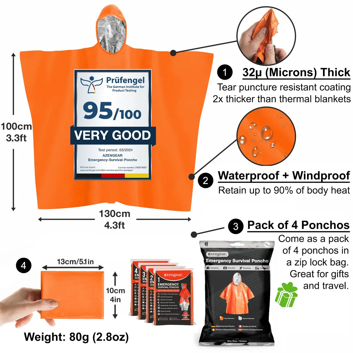 aZengear Emergency Survival Foil Poncho 4 Pack | Reversible Thermal Mylar Orange - view 2