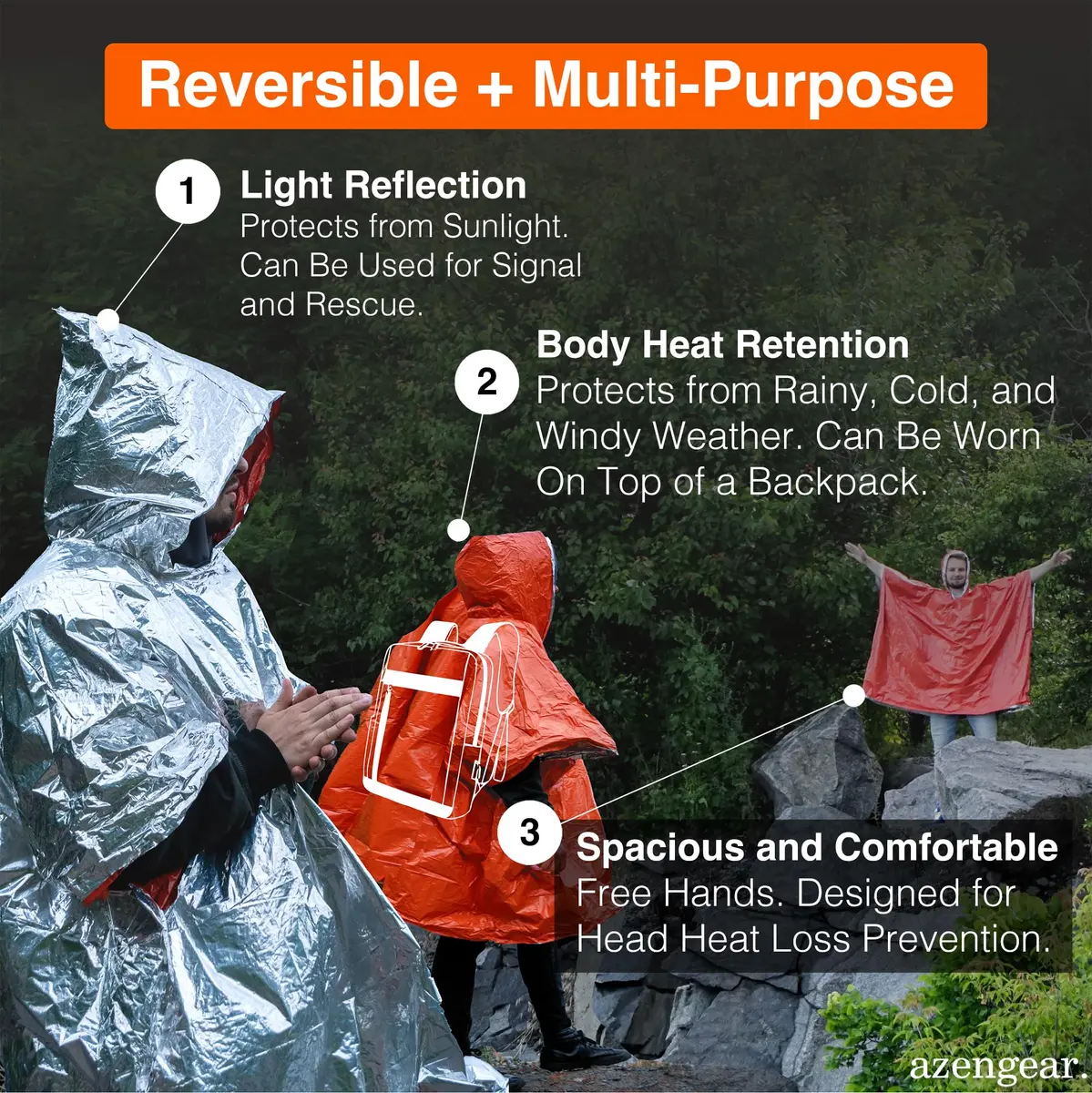 aZengear Emergency Survival Foil Poncho 4 Pack | Reversible Thermal Mylar Orange - view 3