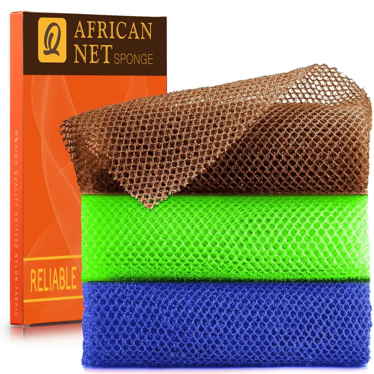 UJFQBH African Net Sponge 3 Pack - Brown, Blue & Green | Deep Cleansing & Gentle Exfoliation - main product image