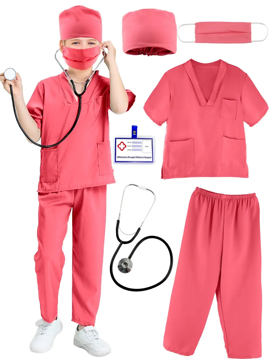 Puteraya Kids Doctor Scrubs Costume Set for Boys Girls | Educational Halloween Dress Up (Pink, 5-7 Years 120-130cm) - main product image