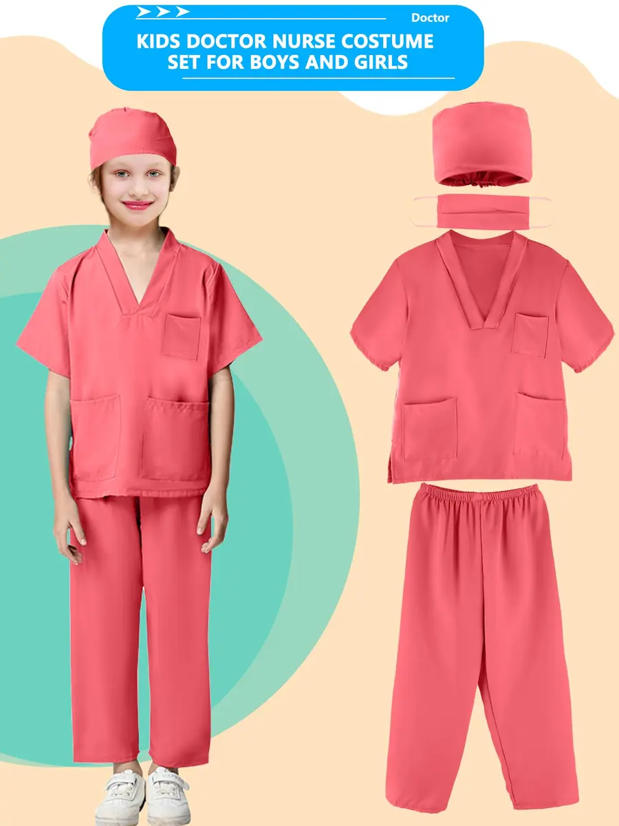 Puteraya Kids Doctor Scrubs Costume Set for Boys Girls | Educational Halloween Dress Up (Pink, 5-7 Years 120-130cm) - view 5