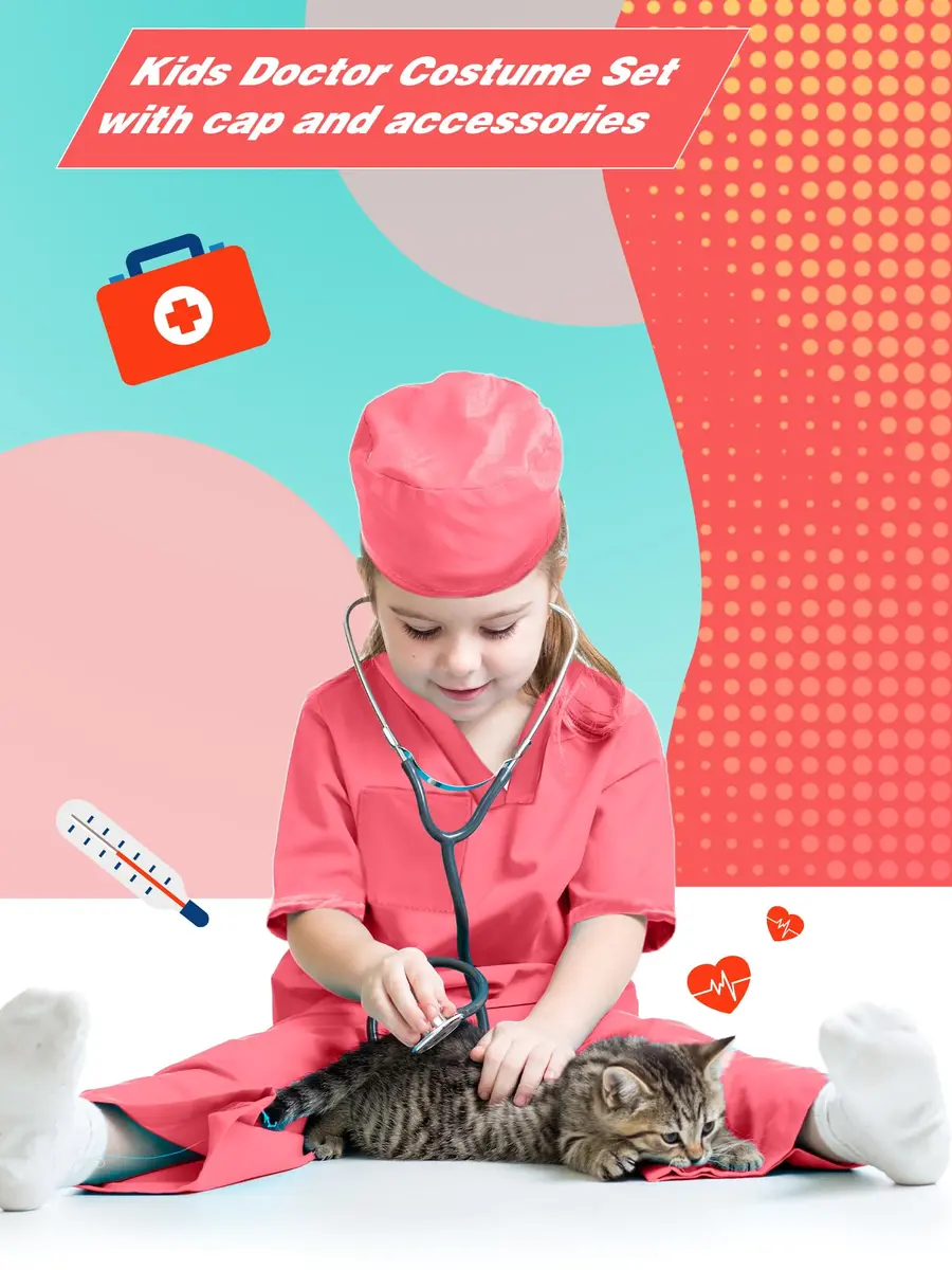 Puteraya Kids Doctor Scrubs Costume Set for Boys Girls | Educational Halloween Dress Up (Pink, 5-7 Years 120-130cm) - view 7