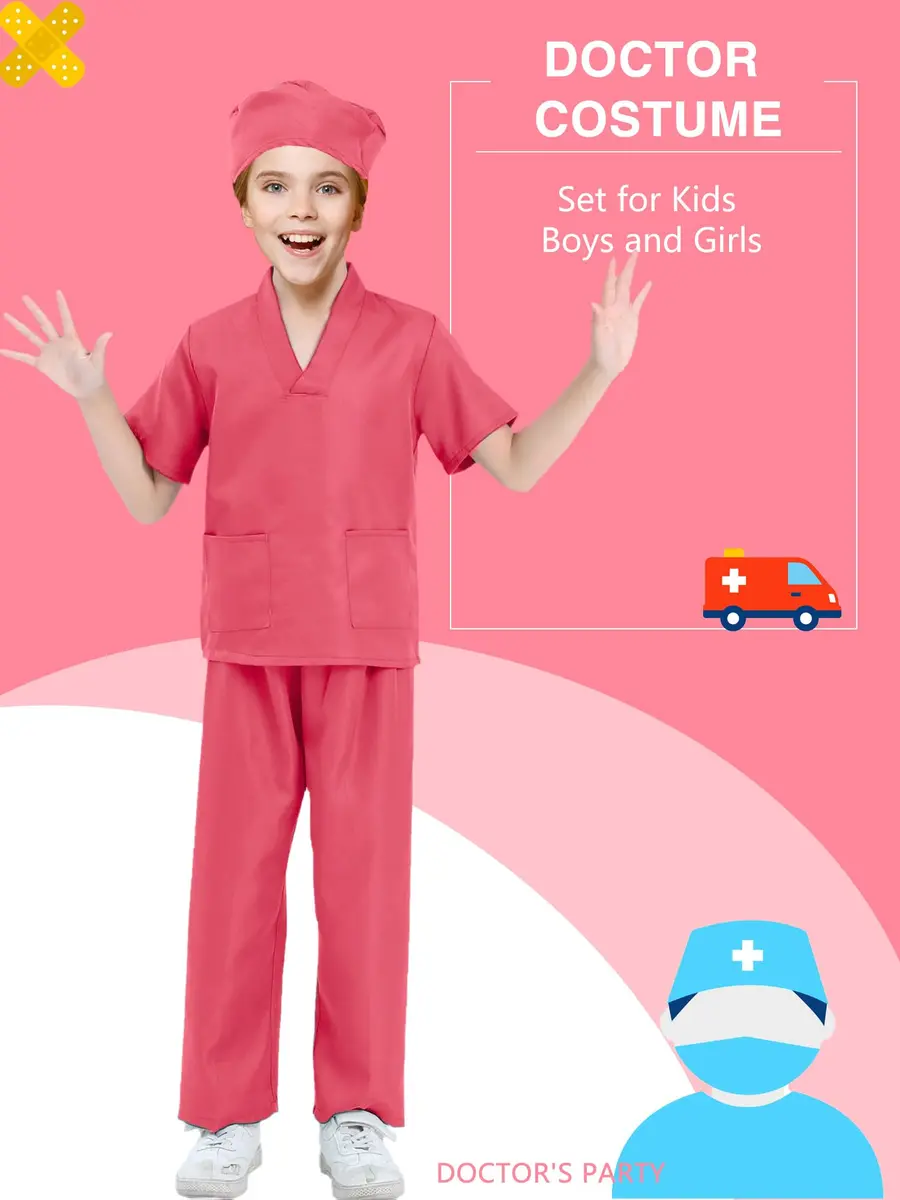 Puteraya Kids Doctor Scrubs Costume Set for Boys Girls | Educational Halloween Dress Up (Pink, 5-7 Years 120-130cm) - view 2