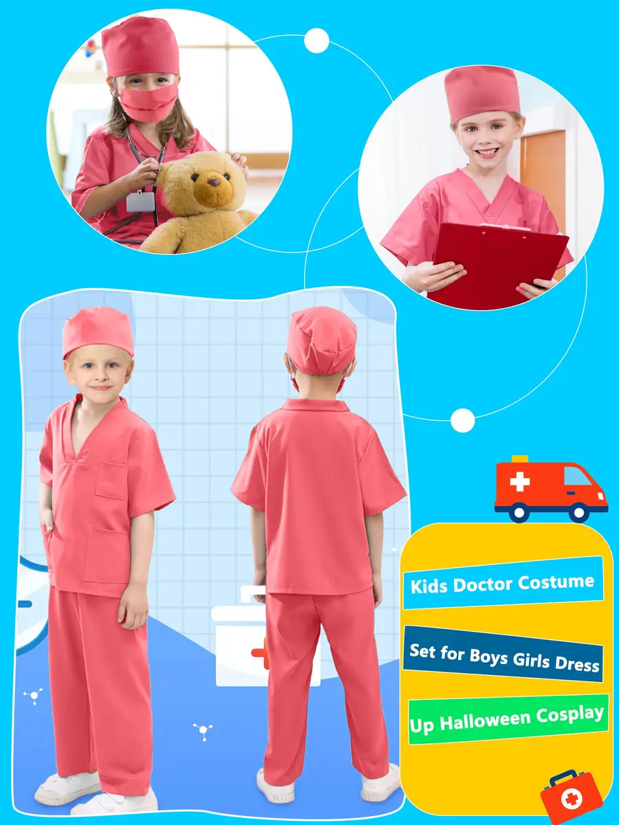 Puteraya Kids Doctor Scrubs Costume Set for Boys Girls | Educational Halloween Dress Up (Pink, 5-7 Years 120-130cm) - view 3