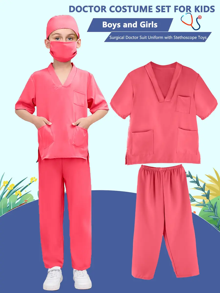 Puteraya Kids Doctor Scrubs Costume Set for Boys Girls | Educational Halloween Dress Up (Pink, 5-7 Years 120-130cm) - view 4