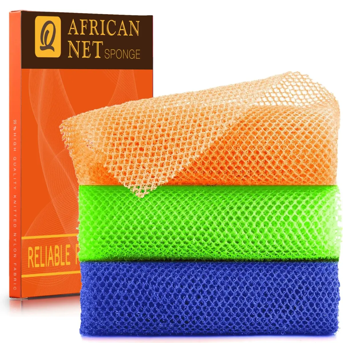 UJFQBH African Net Sponge 3 Pack - Orange, Blue & Green | Deep Cleansing Exfoliation - main product image