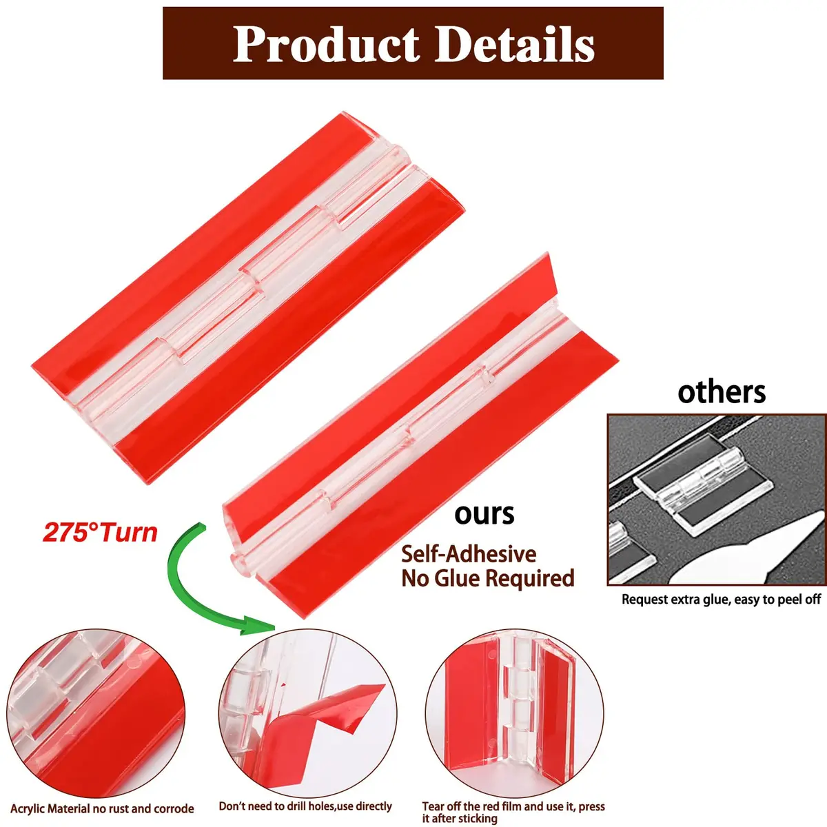 Sliverdew Acrylic Continuous Hinges 100x42mm (3.94x1.65 inches) | Transparent Self-Adhesive Folding Hinge for Cabinets, Drawers, DIY - view 3