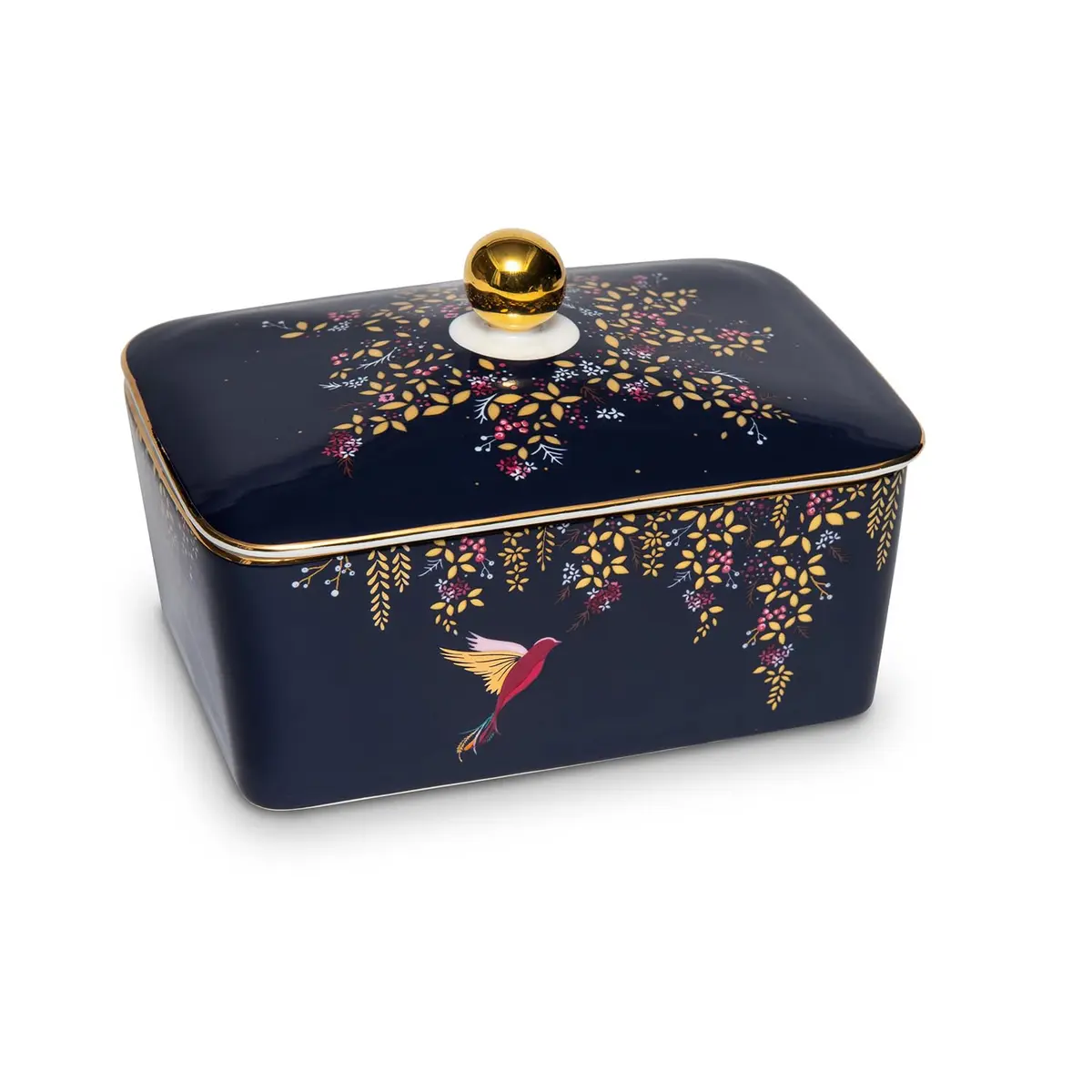 Portmeirion Sara Miller Chelsea Covered Butter Dish - Navy | Elegant Ceramic with Gold Detailing (4" H x 4.6" L x 6.2" W) - view 2