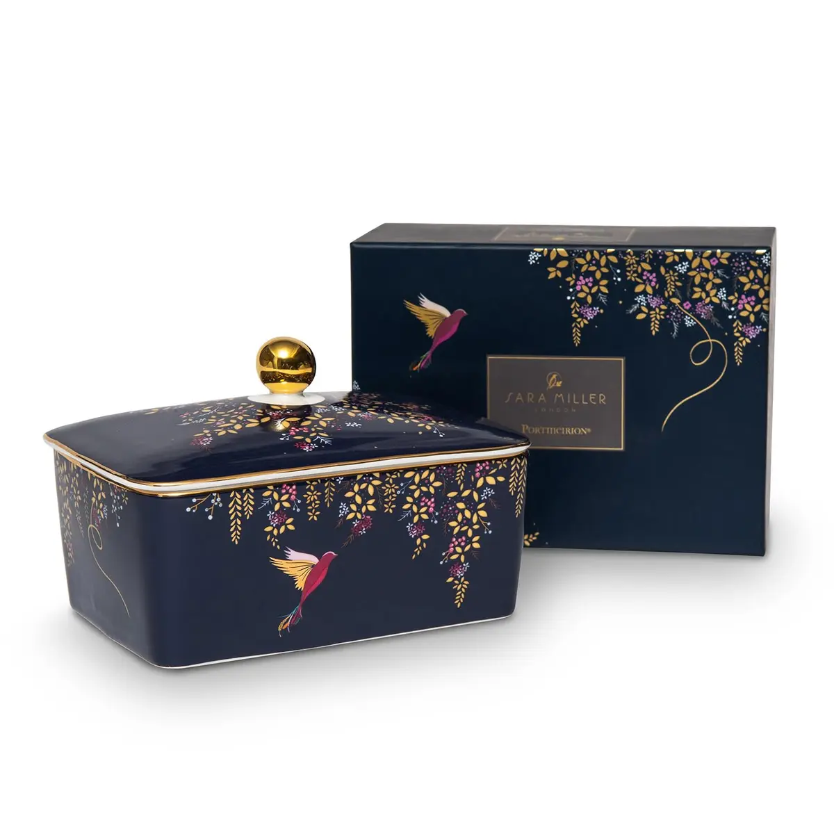 Portmeirion Sara Miller Chelsea Covered Butter Dish - Navy | Elegant Ceramic with Gold Detailing (4" H x 4.6" L x 6.2" W) - view 3
