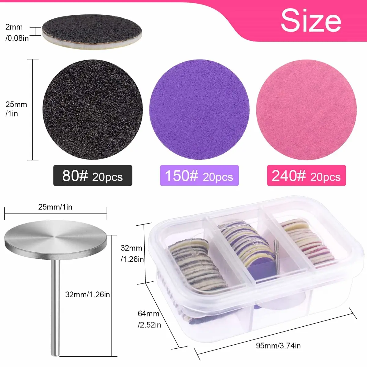 Difenni Metal Nail Drill Bit with Sandpaper Discs 25mm | 60-Piece Set for Manicure Pedicure - view 4