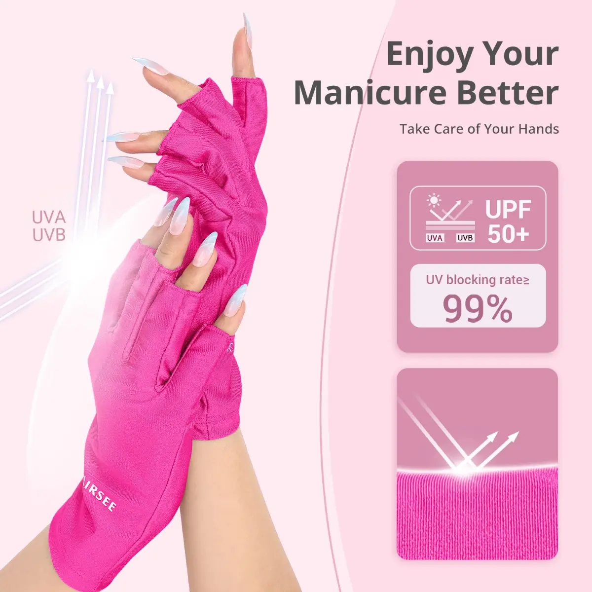 AIRSEE UPF50+ UV Protection Gloves for Nail Lamp, Fingerless, Rose Red | Blocks 99% UV Rays - view 2