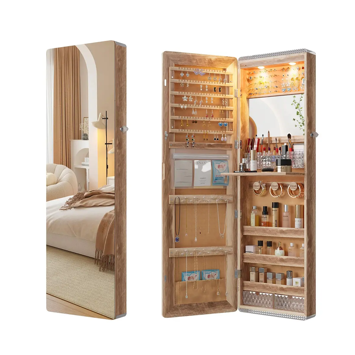 HNEBC Jewelry Organizer with LED Lights & Full-Length Mirror | Wall Mounted, Lockable, 47.2" - main product image