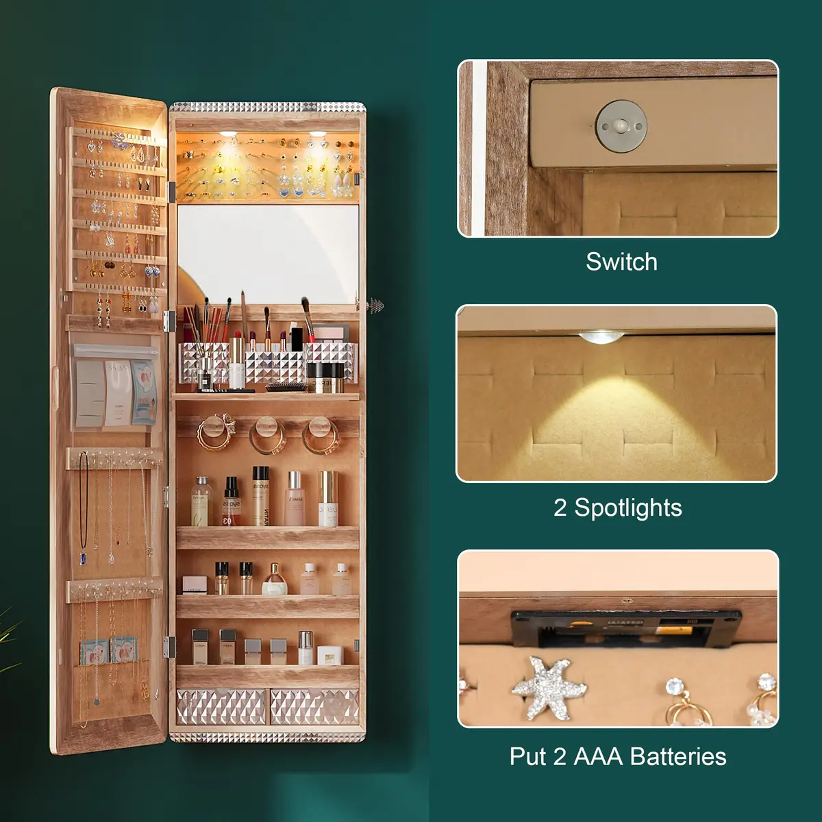 HNEBC Jewelry Organizer with LED Lights & Full-Length Mirror | Wall Mounted, Lockable, 47.2" - view 7