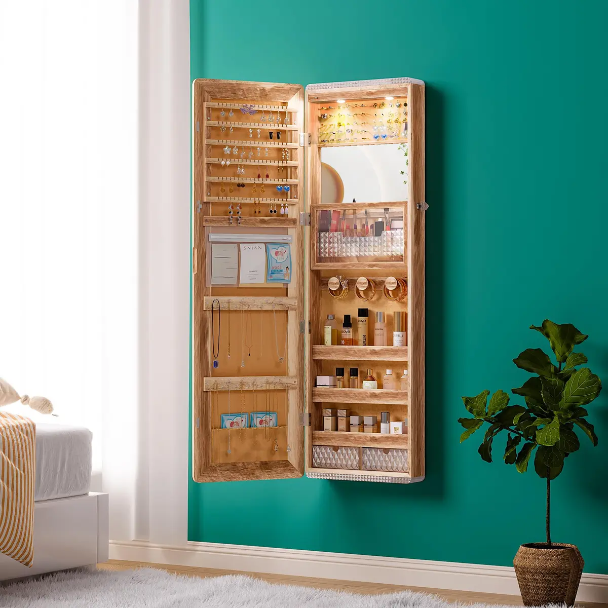 HNEBC Jewelry Organizer with LED Lights & Full-Length Mirror | Wall Mounted, Lockable, 47.2" - view 9